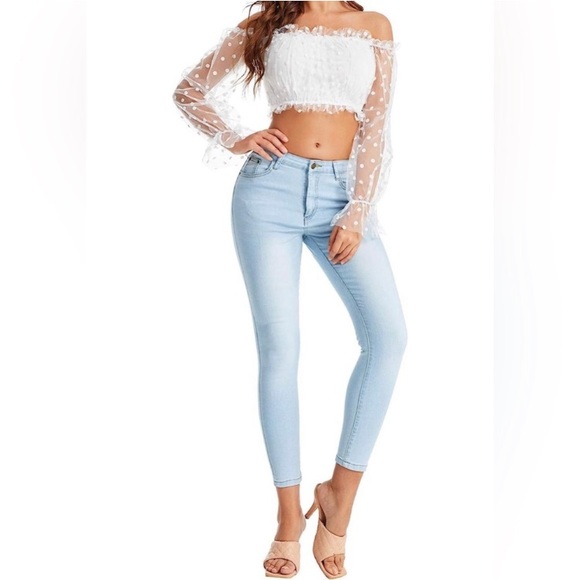 OFF SHOULDER White Felt Polka Dot Sheer Mesh Bell Sleeve Crop Top XS 0 2 - Picture 5 of 5